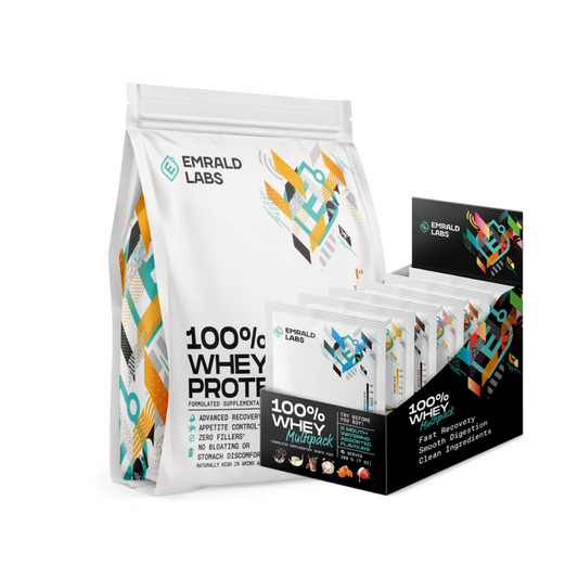 100% Whey Protein + Free Whey Sample Pack Stacks Emrald Labs 100% Whey Protein 900g Choc Peanut Butter 100% Whey Protein Multipack 