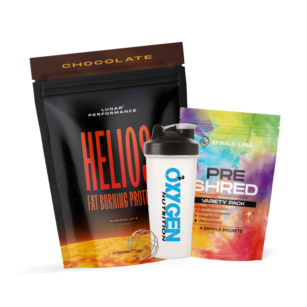 Fat Burning Protein Helios & FREE Variety Pack & Shaker Stacks Lunar Performance Helios Chocolate 30 Serves Pre Shred Variety Pack Oxygen Shaker 600ml Clear